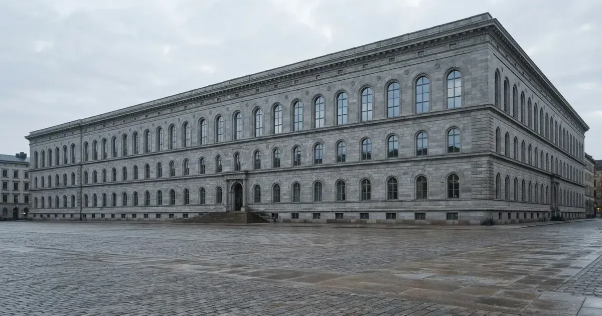Kamienny budynek z wysokimi oknami widziany z pustego placu w szarym porannym świetle, bez ludzi w kadrze.