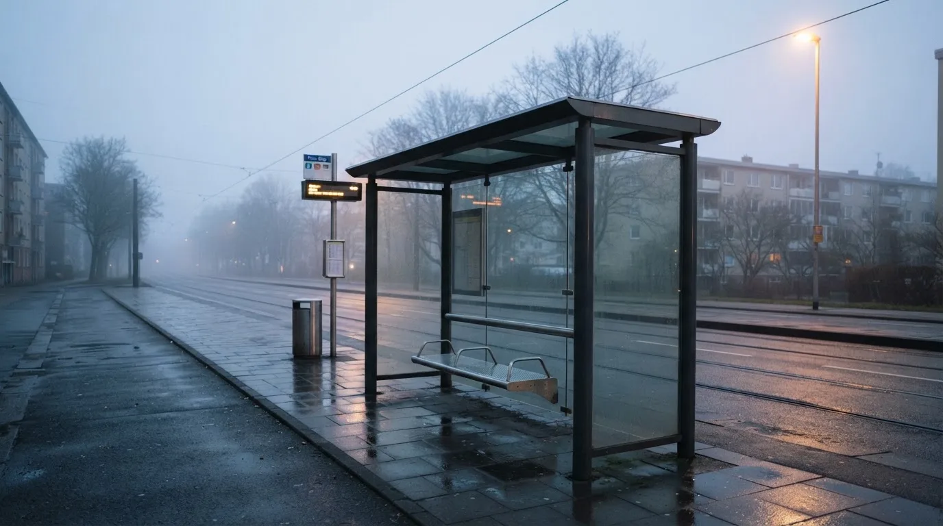 Pusta wiata przystanku tramwajowego na miejskiej ulicy o świcie, pusta ławka i mokry chodnik.