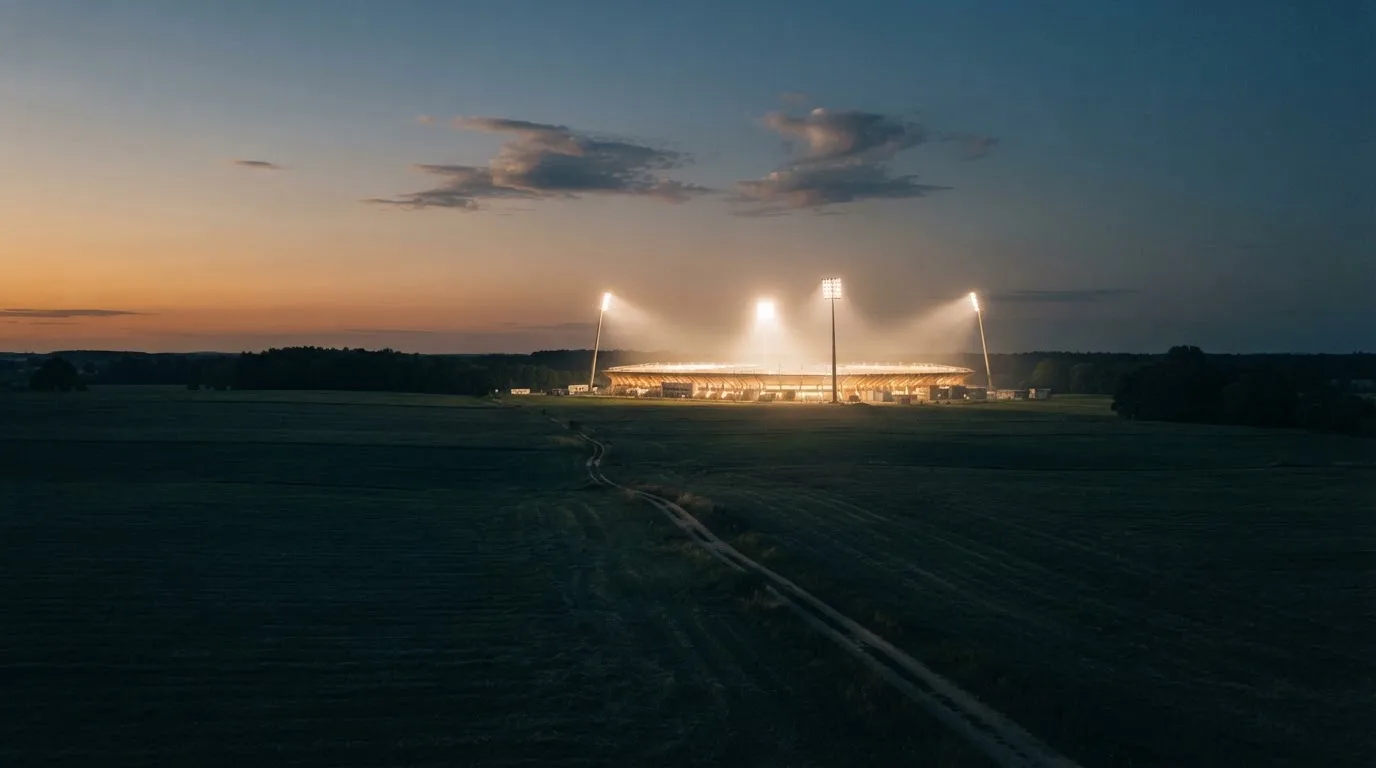 Stadion rozświetlony reflektorami widziany z daleka znad ciemnych pól w pogodny wieczór.