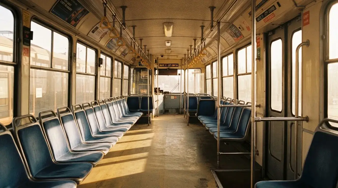 Wnętrze pustego tramwaju z rzędami siedzeń i poręczą w porannym świetle.