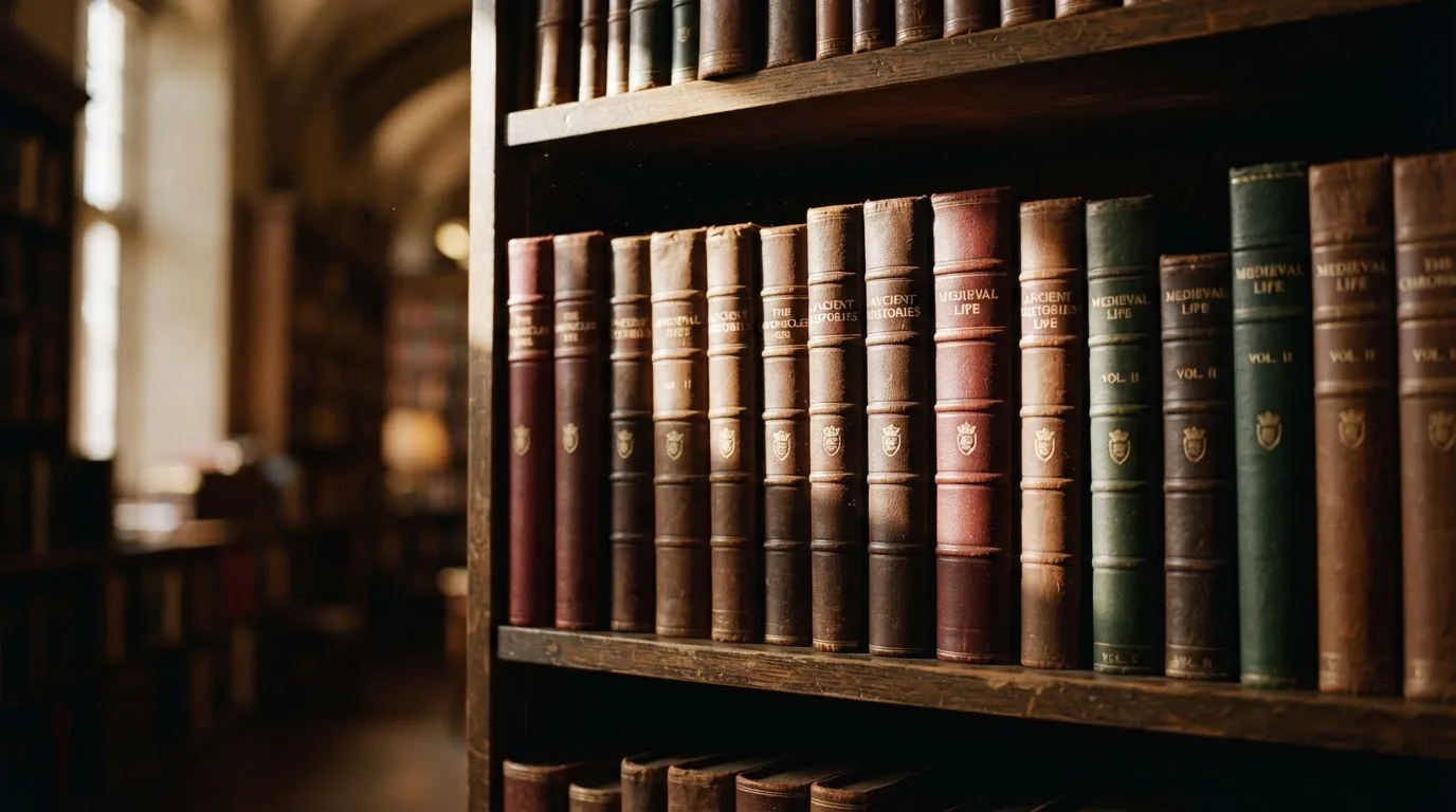 Regał z zamkniętymi książkami w skórzanych oprawach w cichej bibliotece, światło pada z boku.