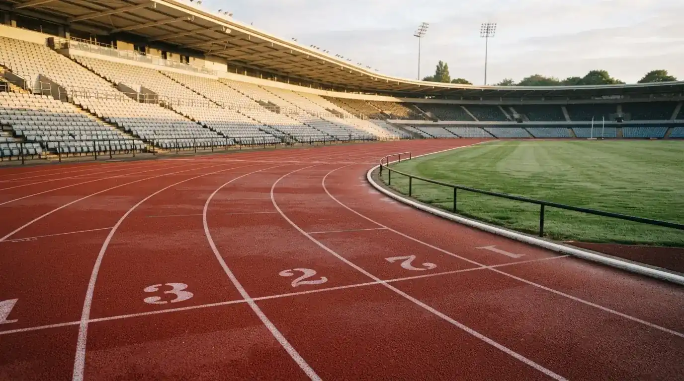Bieżnia lekkoatletyczna wygięta w łuk pustego stadionu w porannym słońcu.