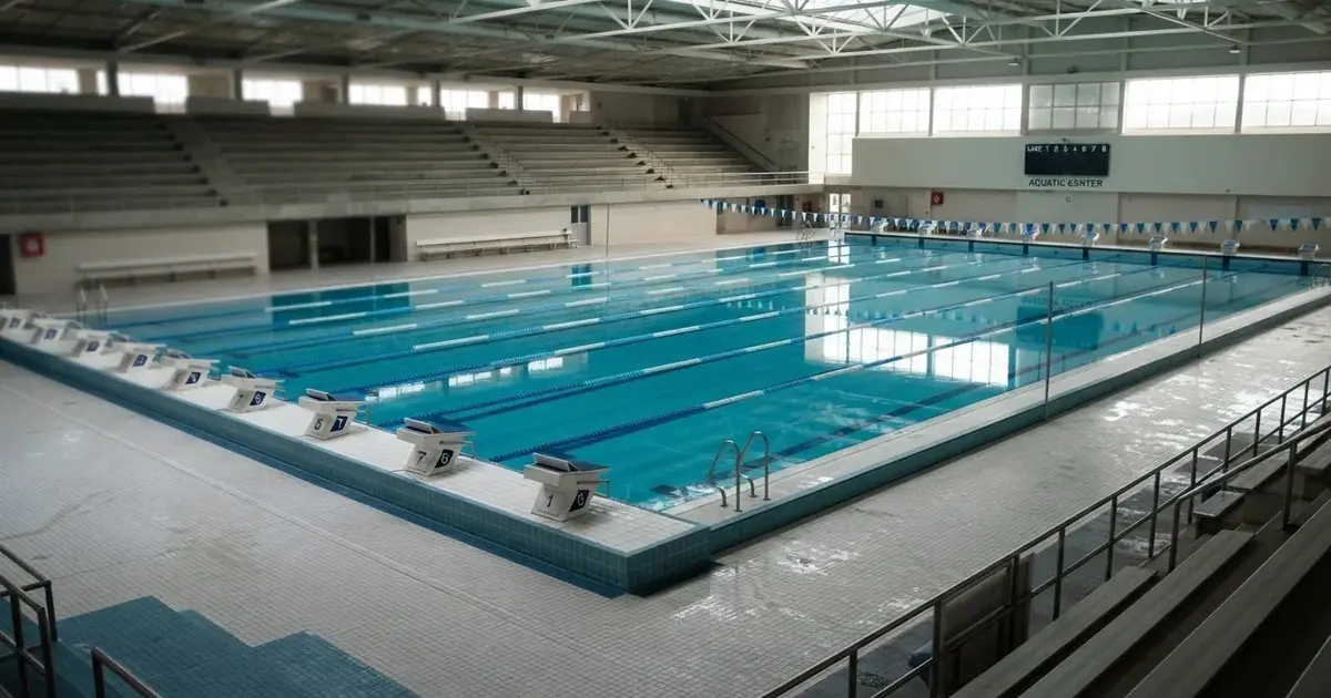 Pusty basen olimpijski z równymi torami i spokojną taflą wody, widok z trybun w jasnym świetle.