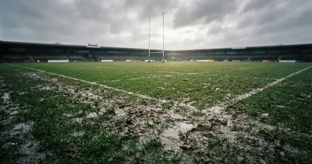 Boisko do rugby ze słupami bramki w oddali pod pochmurnym niebem, mokra trawa i ślady butów.