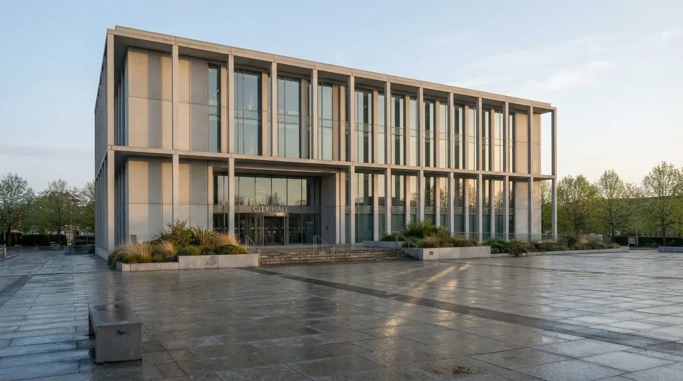 Nowoczesny budynek z szarego betonu i szkła o poranku, szeroki plac przed wejściem, żadnych przechodniów.