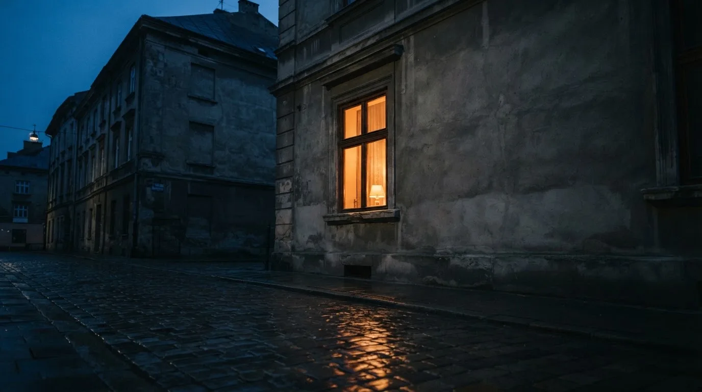 Szare okno kamienicy wieczorem, w którym pali się lampa, pod nim mokry bruk uliczki.