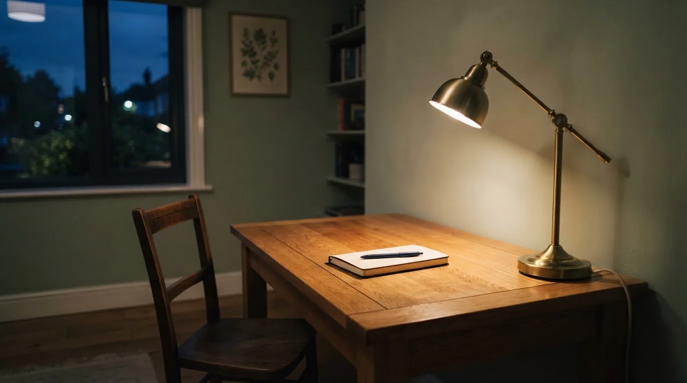 Lampa biurkowa świecąca na pustym drewnianym biurku w cichym gabinecie wieczorem, obok puste krzesło.