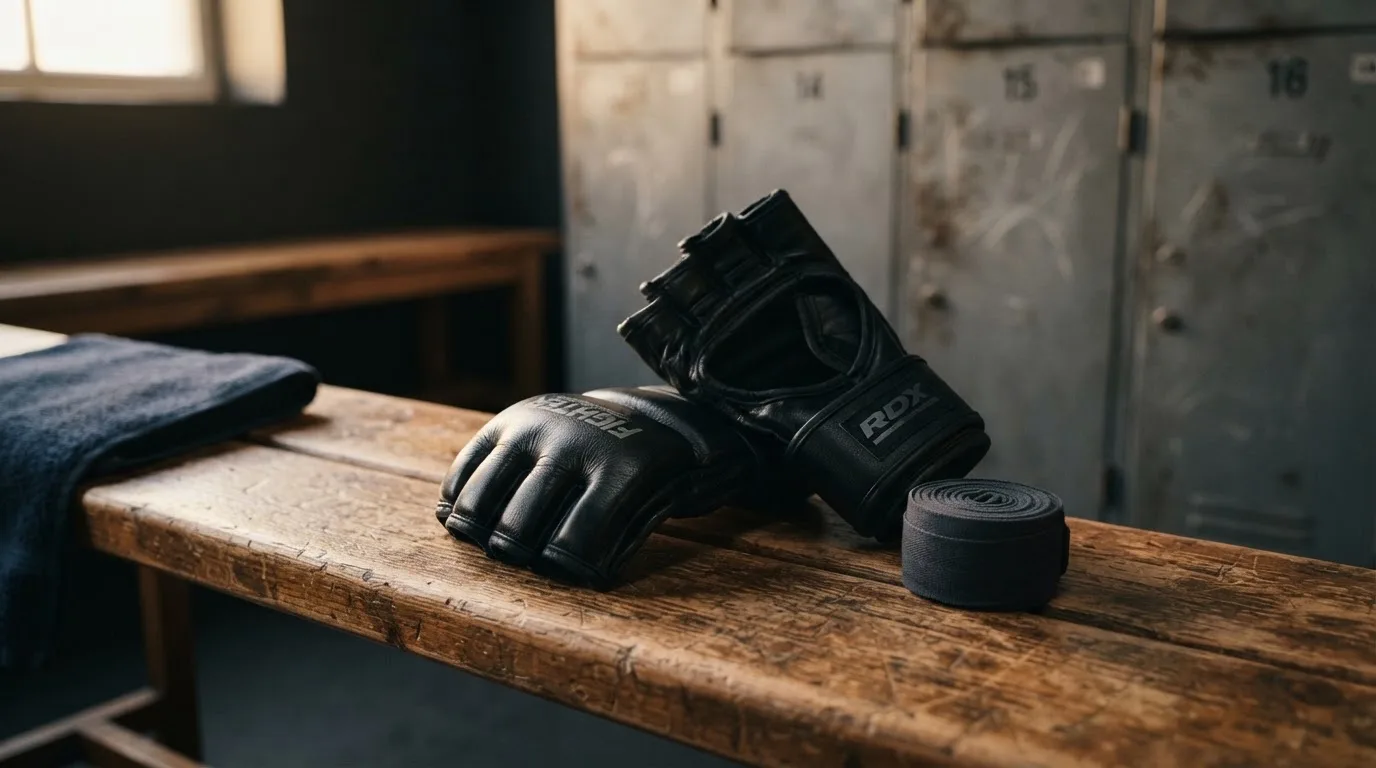 Czarne rękawice MMA z odsłoniętymi palcami leżą na drewnianej ławce w szatni, obok zwinięty bandaż.
